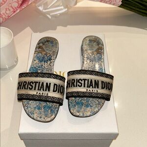 Christian Dior Slide Sandals - Black & Cream with Blue Floral Insole